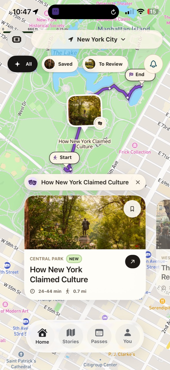 The Untourist app showing the How New York Claimed Culture route and walk card in Central Park.