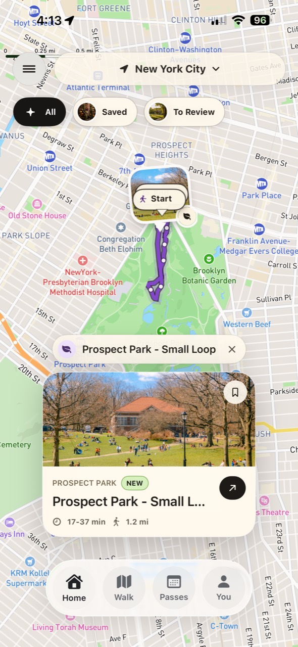 Untourist app showing a Prospect Park walking tour selected on the New York City map.