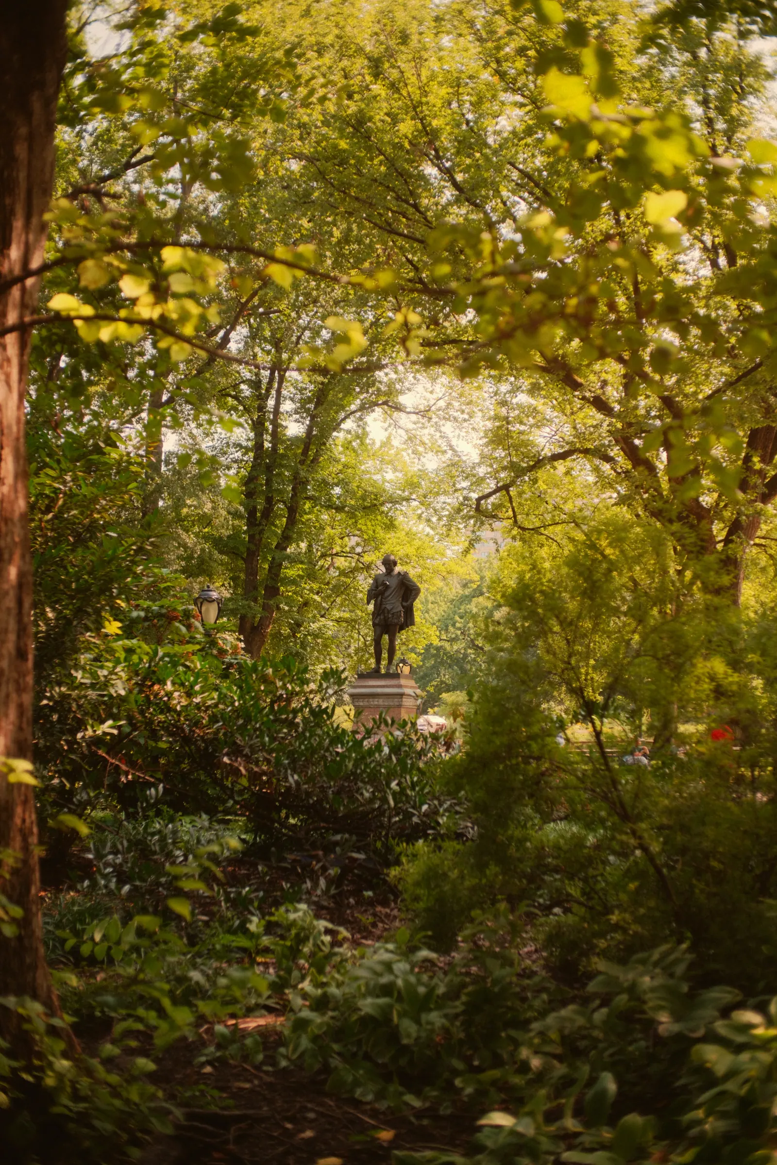 A statue framed by trees in Central Park.